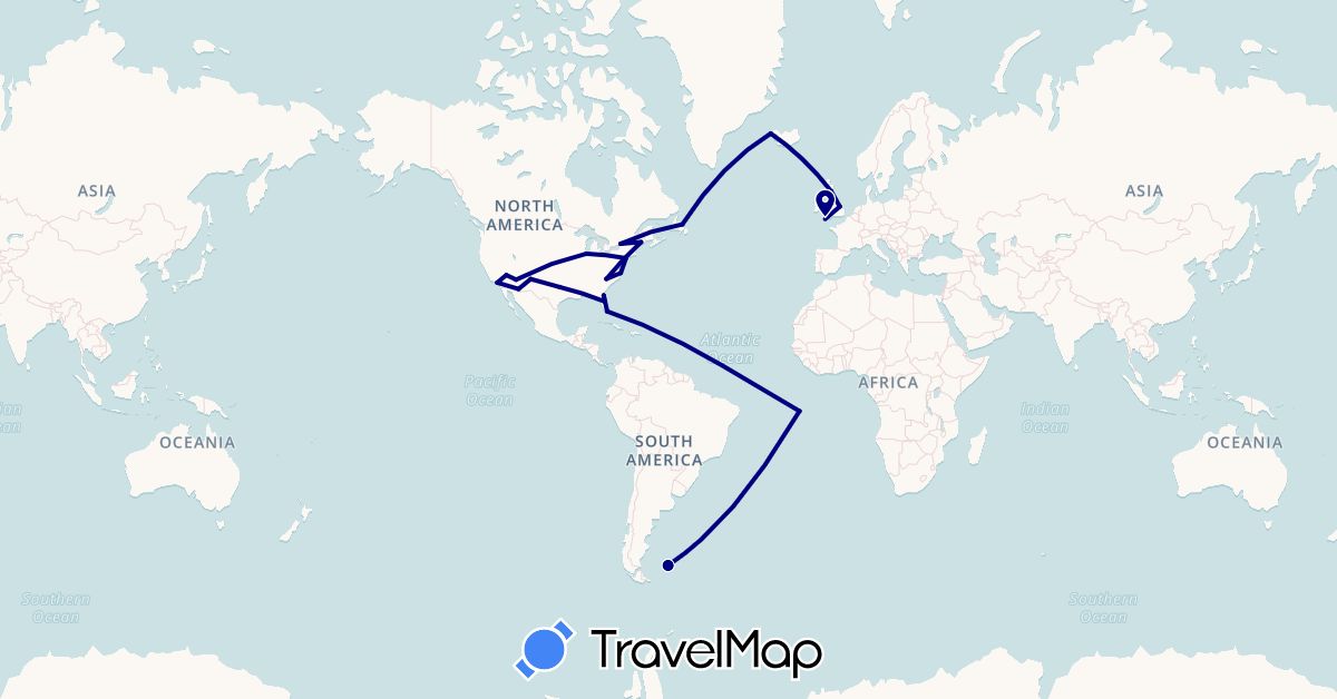 TravelMap itinerary: driving in Canada, Falkland Islands, United Kingdom, Iceland, Saint Helena, United States (Africa, Europe, North America, South America)